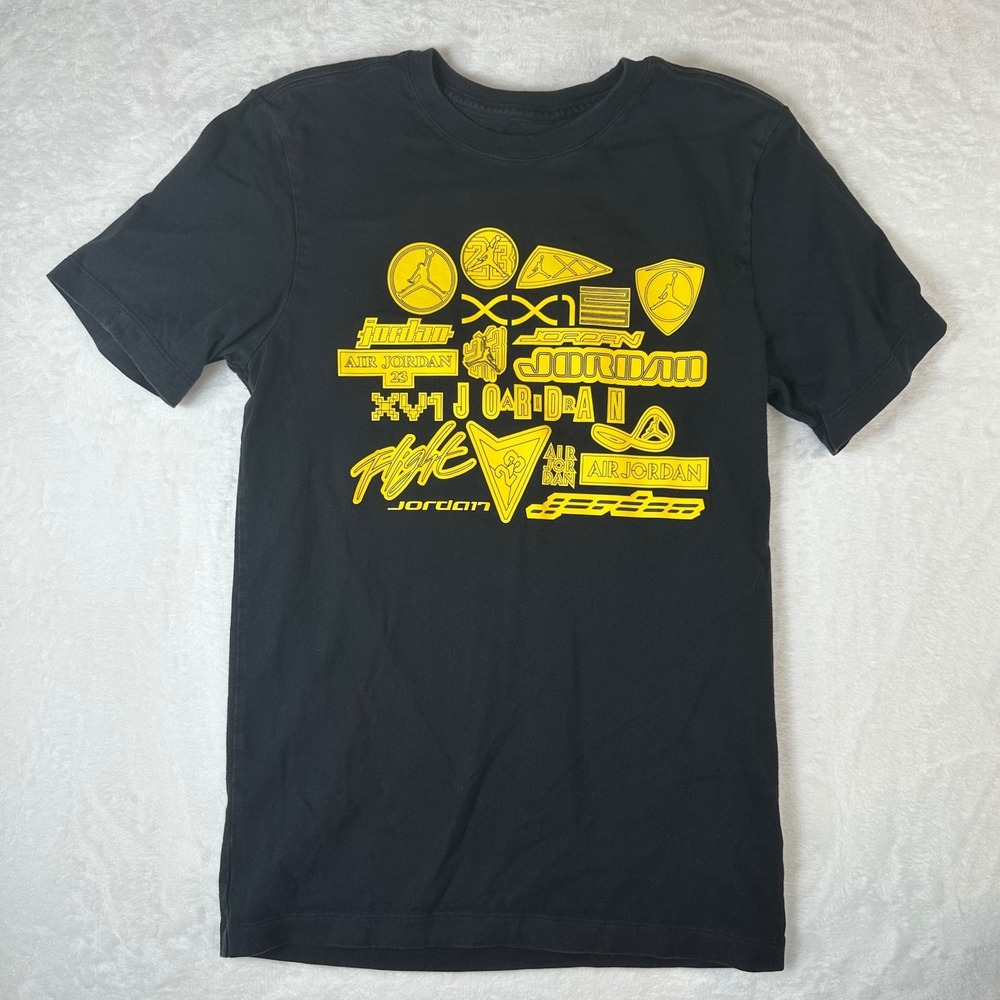 Jordan Mens Black Yellow Logo Collage Graphic T-Shirt Small Jumpman Flight Tee